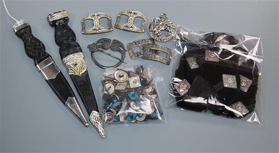 A silver-mounted skean dhu, Edinburgh 1961, a plate-mounted skean dhu with cairngorm top, a silver kilt pin and sundries,